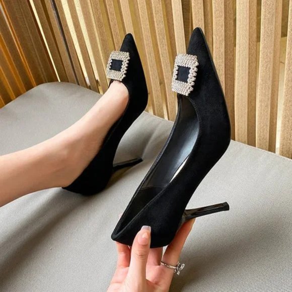 New velvet fine heel rhinestone cubes with pointed shallow mouth shoes - Picture 4 of 5